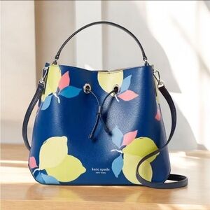 Kate Spade Blue Multi lemon Zest large Saffiano double faced leather Bucket Bag